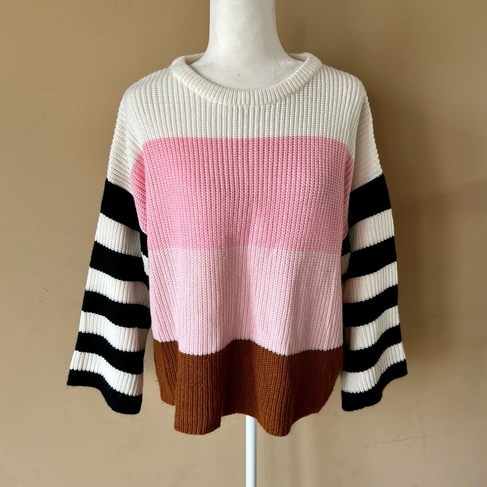 Wishlist Medium / Large Neapolitan White Pink Brown Black Striped Sweater